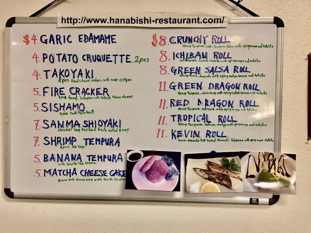 Menu at Hanabishi Japanese Cuisine restaurant, Livermore