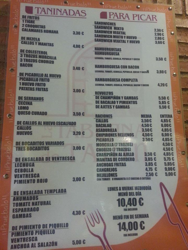 Menu at La Taberna de Tanín pub bar Burgos