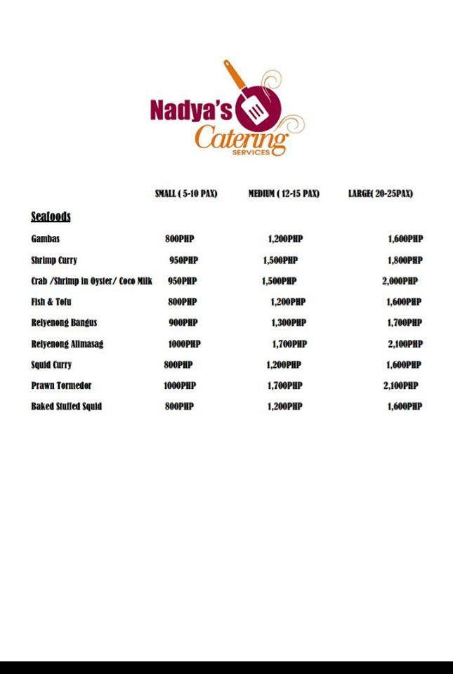 Menu at Nadya's Catering restaurant, Tagbilaran City