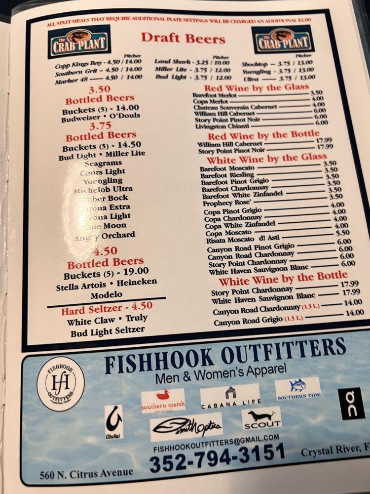 Menu at The Crab Plant restaurant, Crystal River