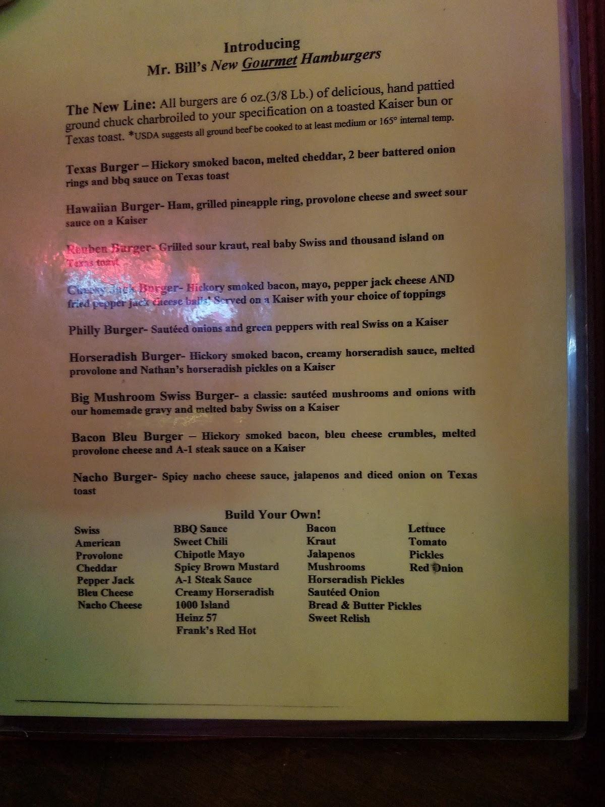 Menu at Mr Bill's Bar & Grill, Quincy