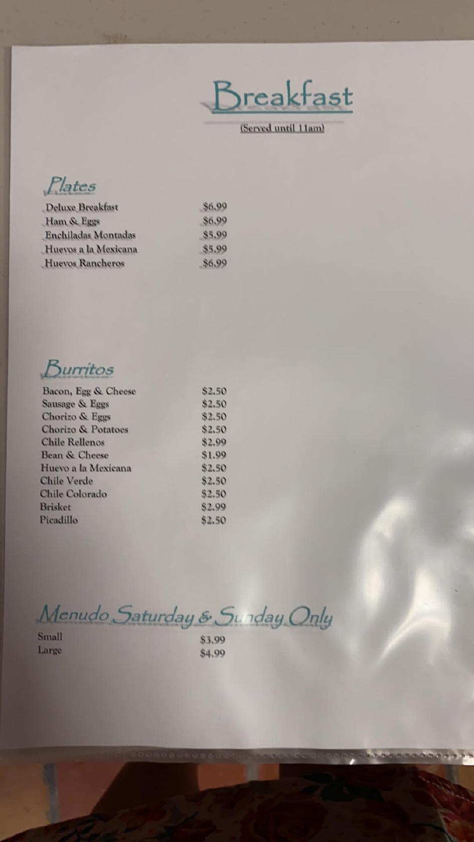 Menu at Small Town Grill restaurant, Sierra Blanca