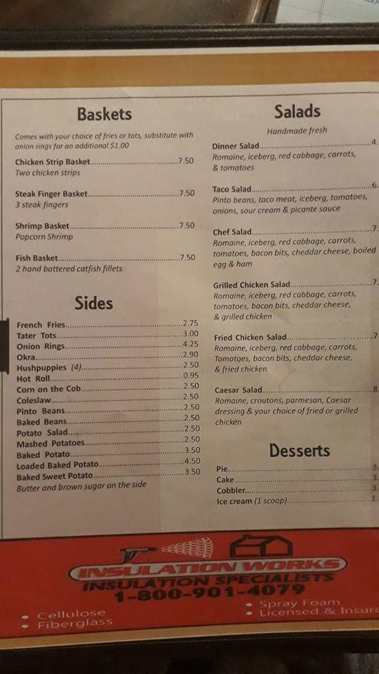 Menu at Shady Oaks Restaurant, Broken Bow