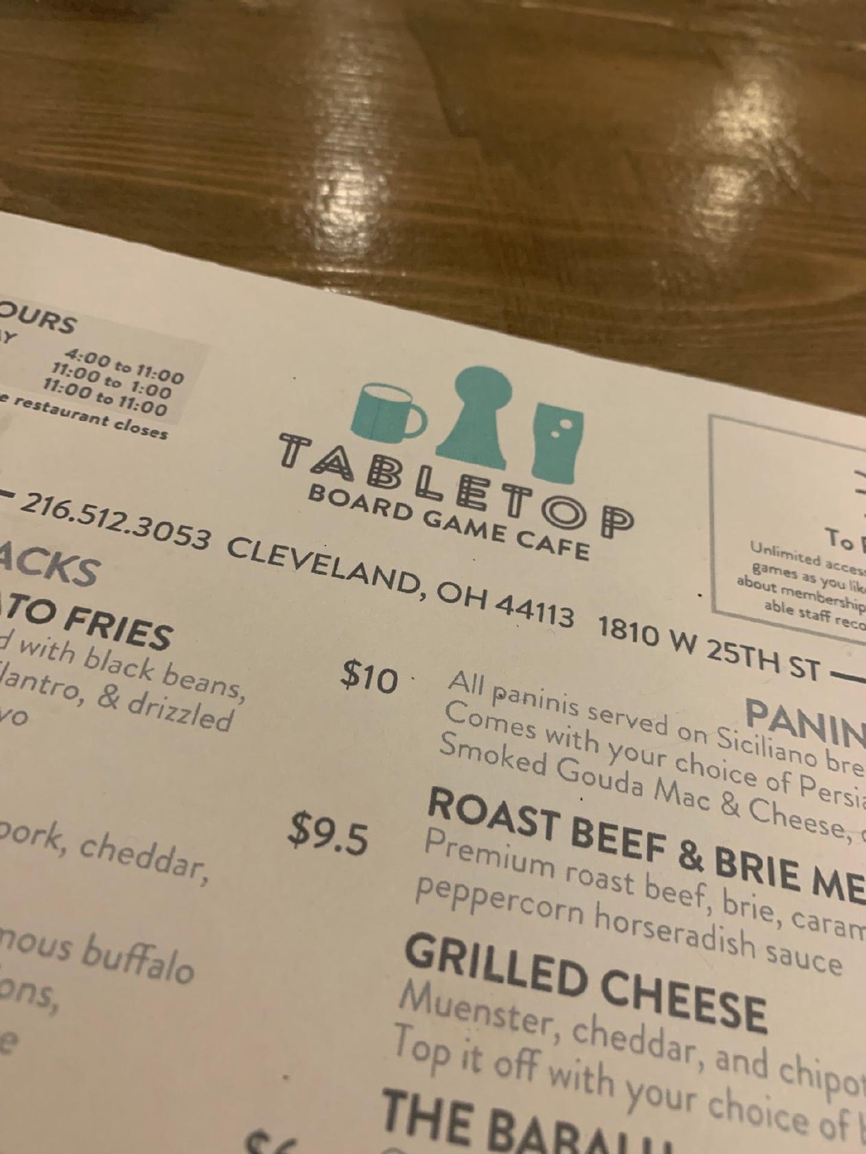 Menu at Tabletop Board Game Cafe, Cleveland