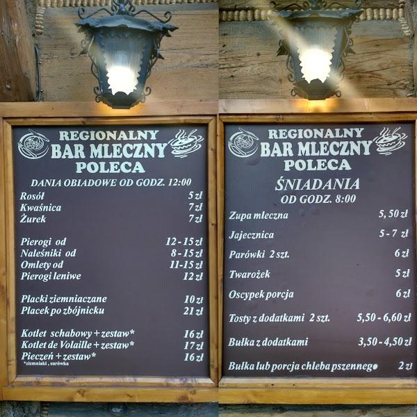 Menu at Bar Mleczny, Zakopane, Hr. Władysława Zamoyskiego 5