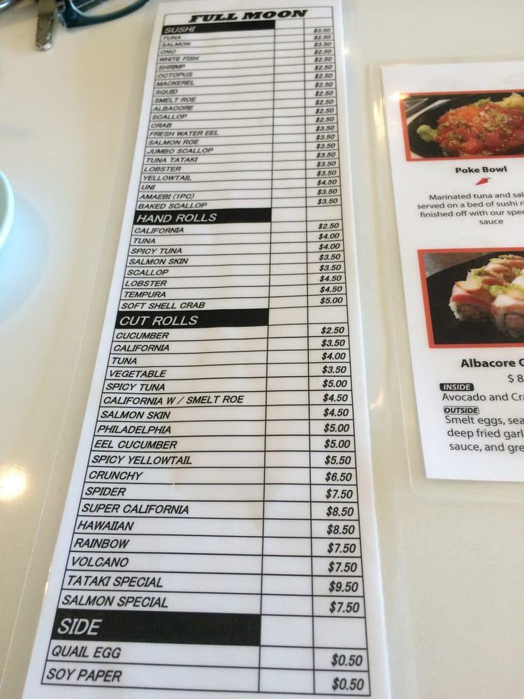 Menu at Full Moon Sushi restaurant, San Clemente