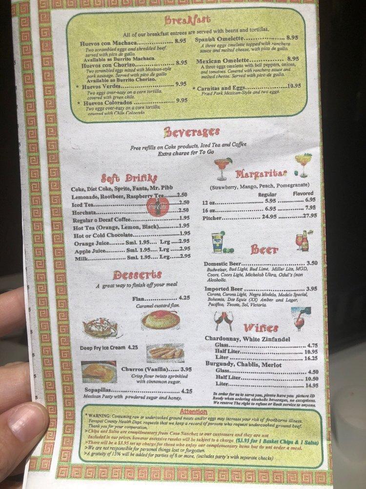 Menu at Casa Sanchez Restaurant, Prescott, W Gurley St