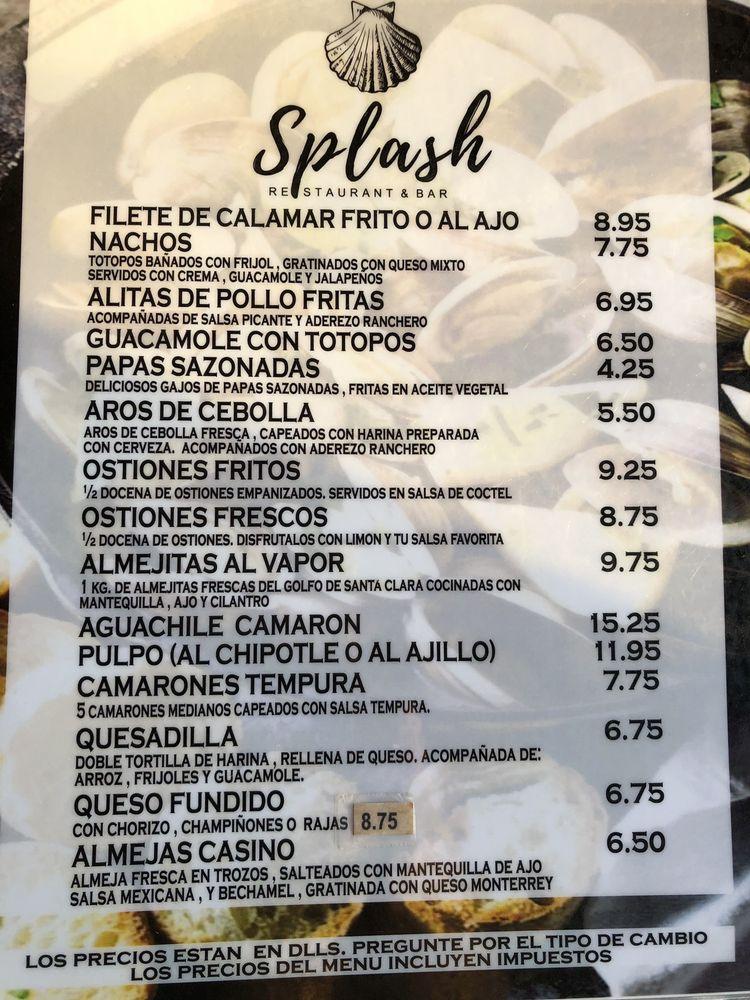 Menu at Splash Restaurant and Bar, Mexico, Carretera Libre 1015km 52.5