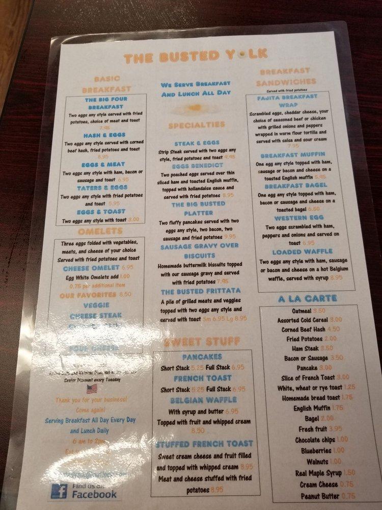 Menu at The Busted Yolk restaurant, Cato