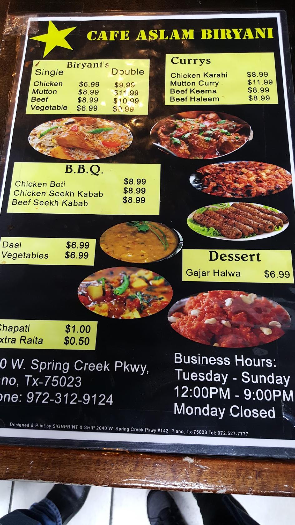 Menu At Aslam Biryani Restaurant Plano