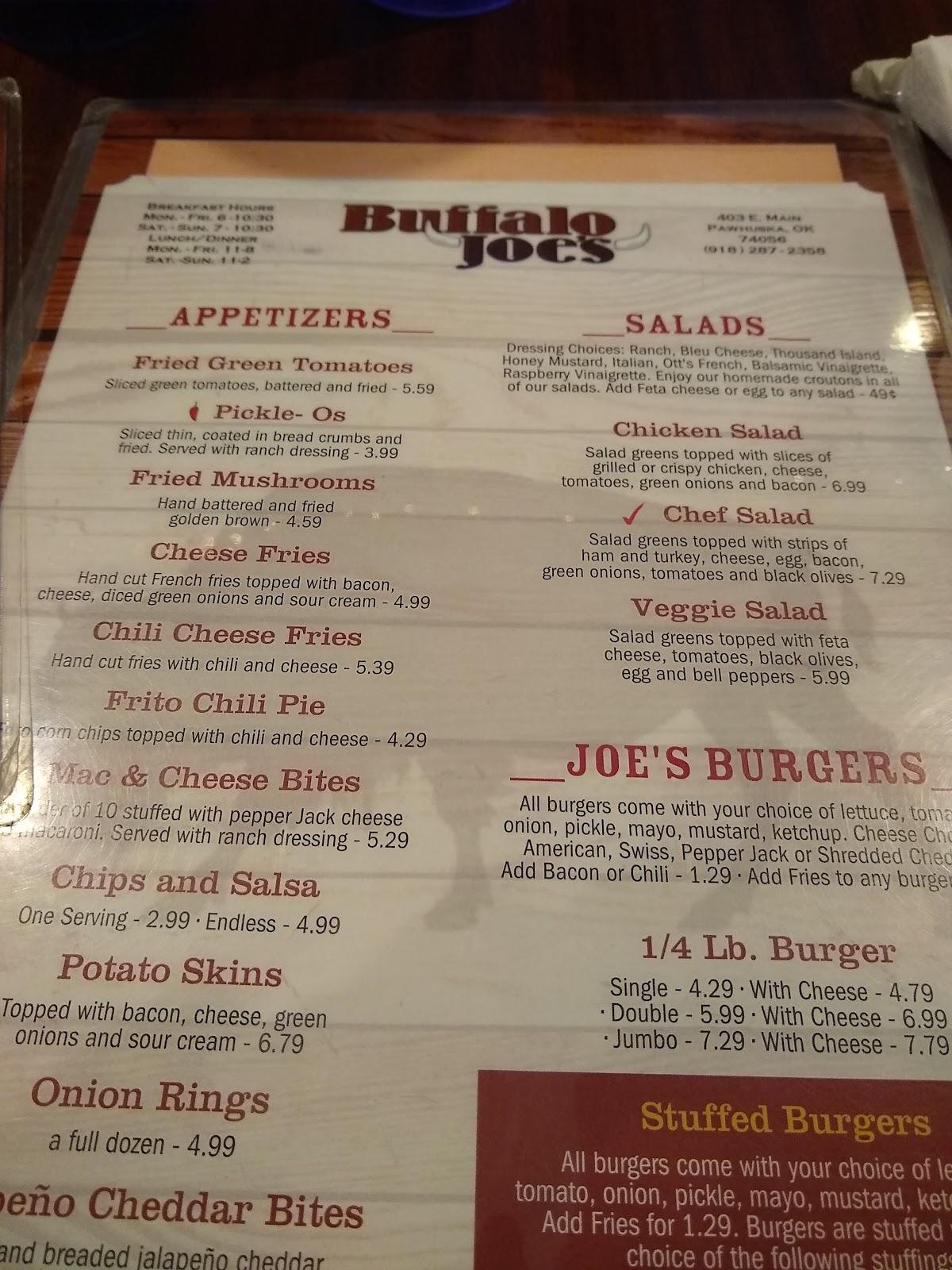 Menu at Buffalo Joe's Drive In restaurant, Pawhuska