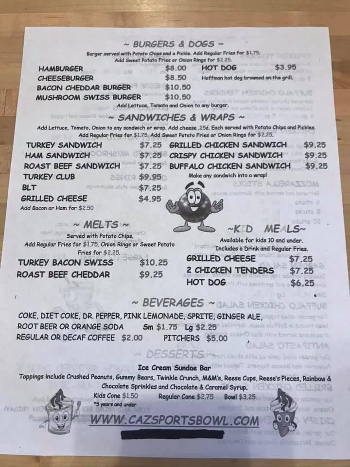 Menu at Caz Sports Bowl pub & bar, Cazenovia