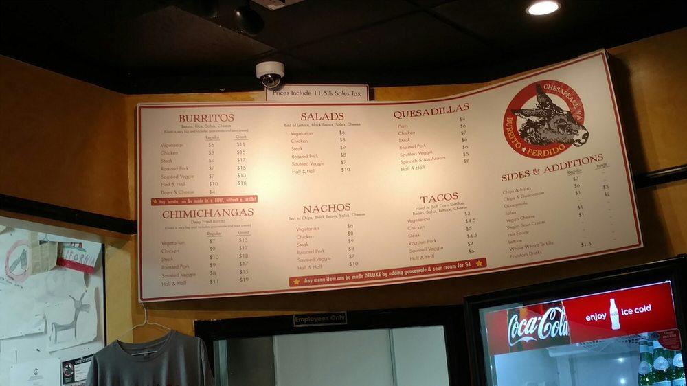 Menu at Burrito Perdido restaurant, Chesapeake