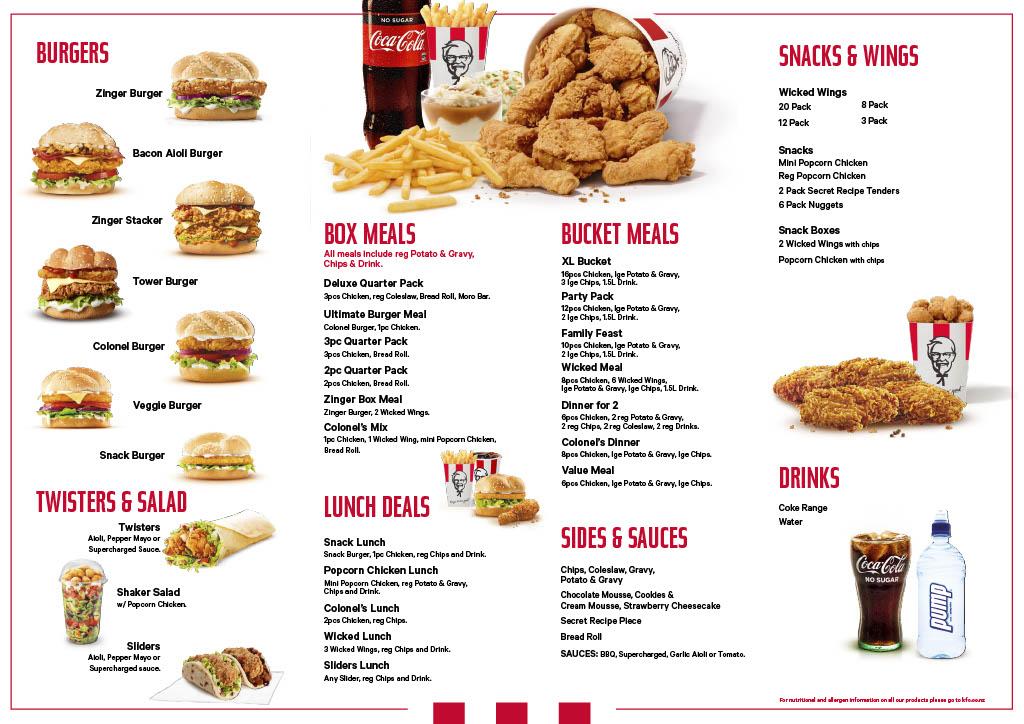 Menu at KFC Takanini restaurant, Takanini