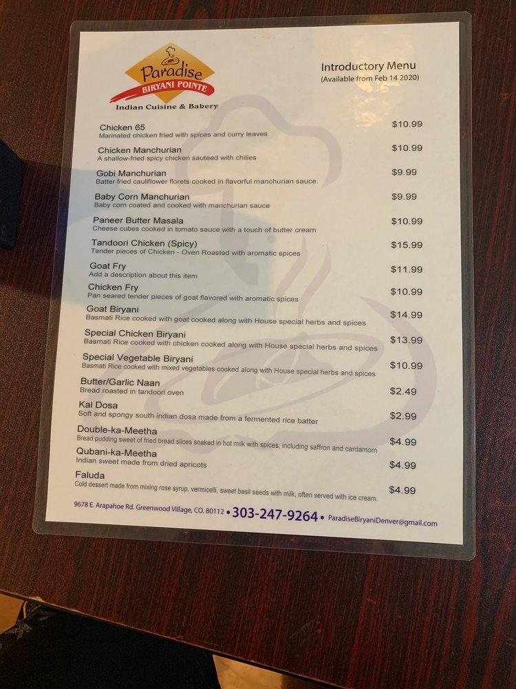 Menu at Paradise Biryani Pointe Indian Cuisine & Bakery, Greenwood