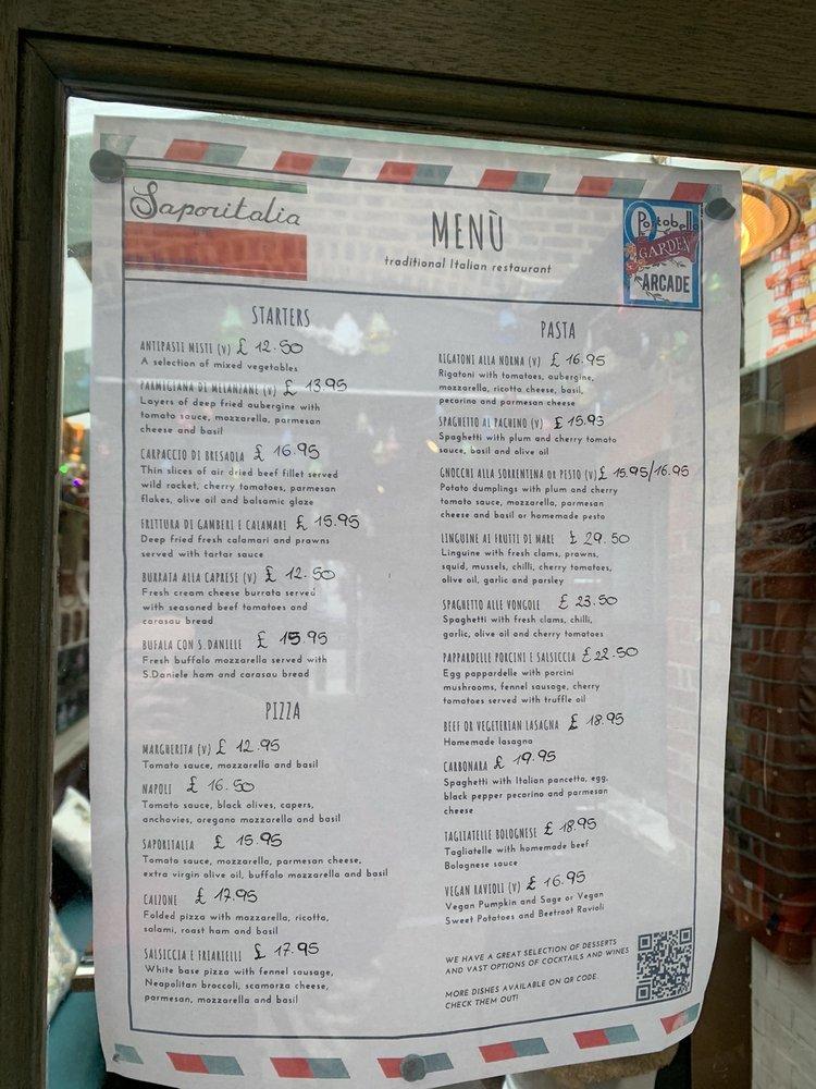 Menu at Portobello Garden Arcade Italian Restaurant, London