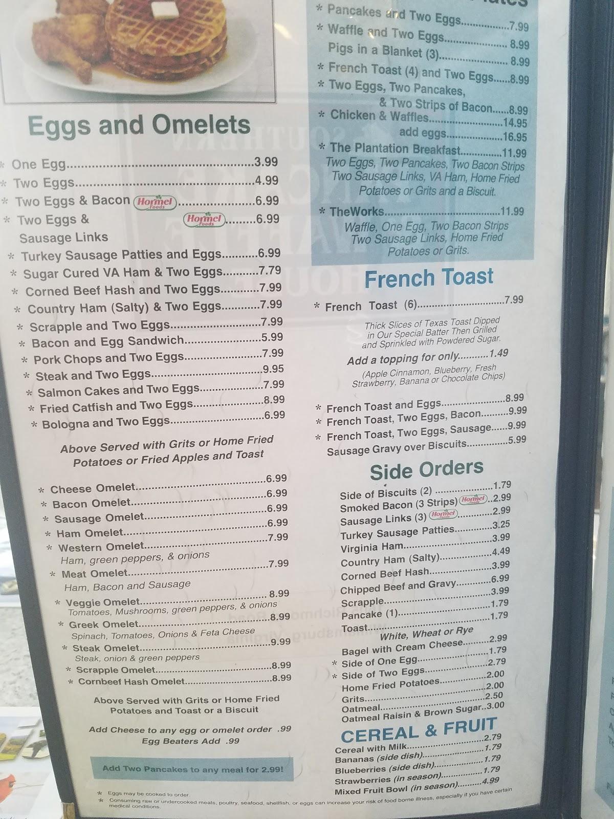 Menu at Southern Pancake & Waffle House restaurant, Williamsburg