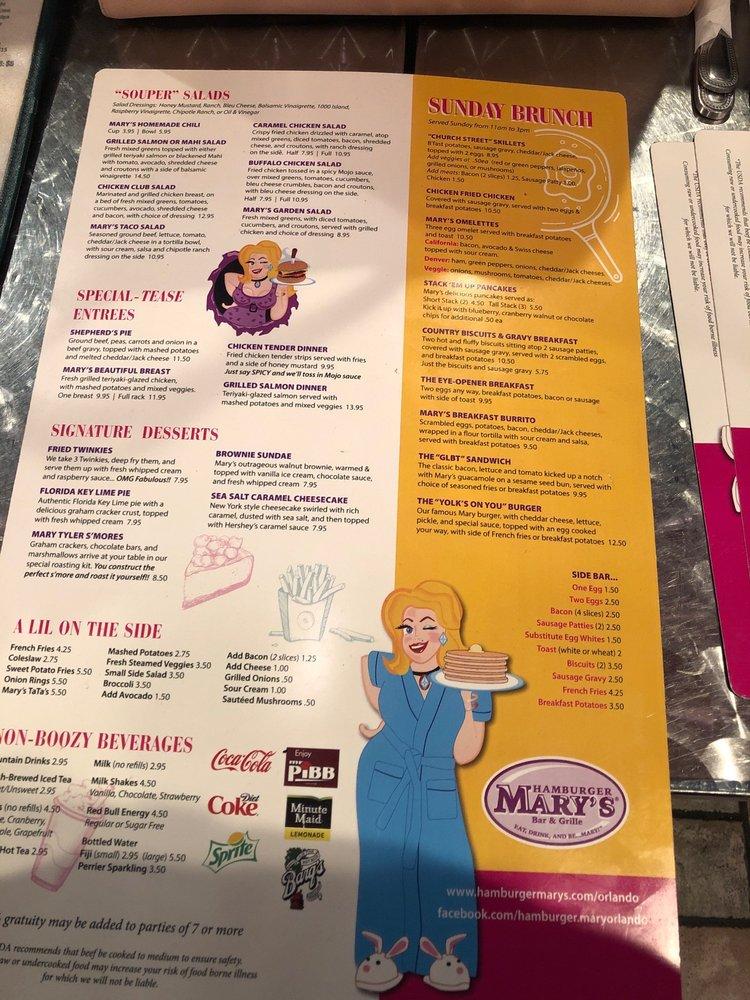 Menu at Hamburger Mary's restaurant, Orlando