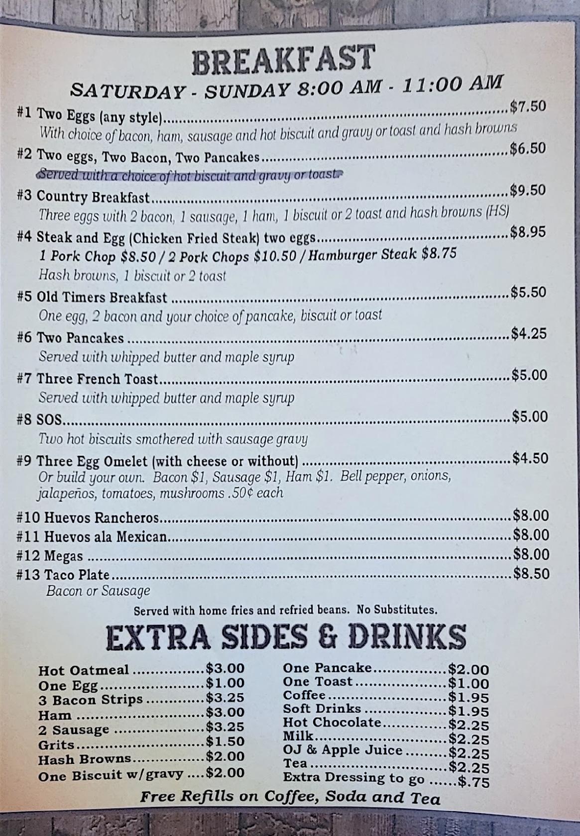 Menu at Bailey's Cafe, Ennis