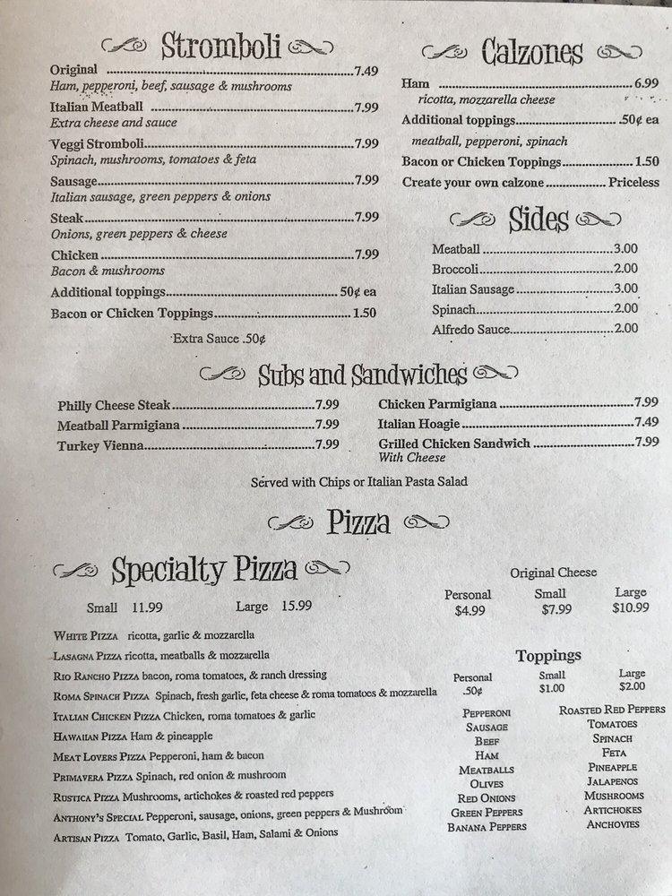 Menu at Anthony's Italian Restaurant, Whiteville