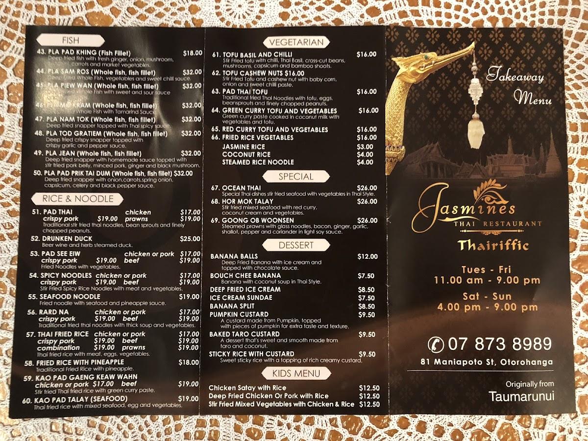Menu at Jasmines Thai Restaurant Otorohanga, Otorohanga