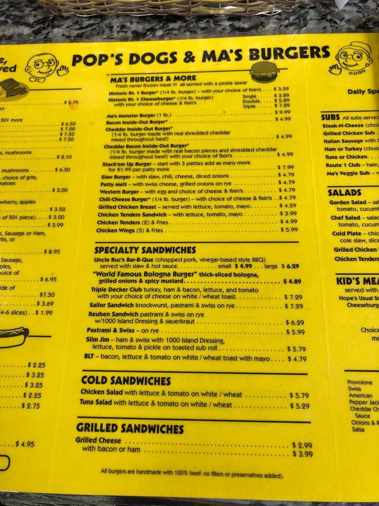 Menu at Pop's Dogs & Ma's Burgers restaurant, Richmond