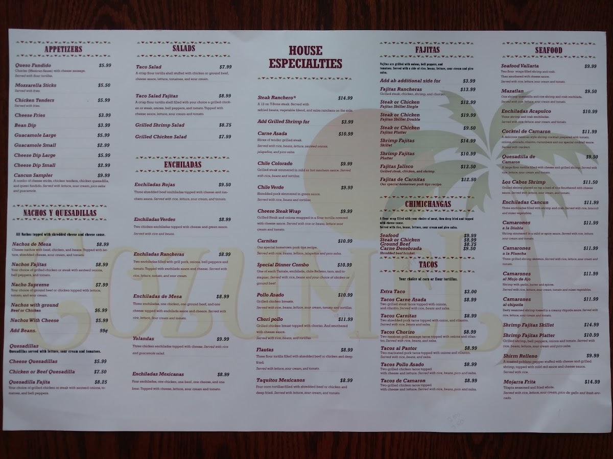 Menu at Cozumel Mexican Grill restaurant, Oshkosh