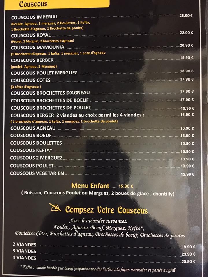 Menu au la Couscousserie restaurant, Quimper