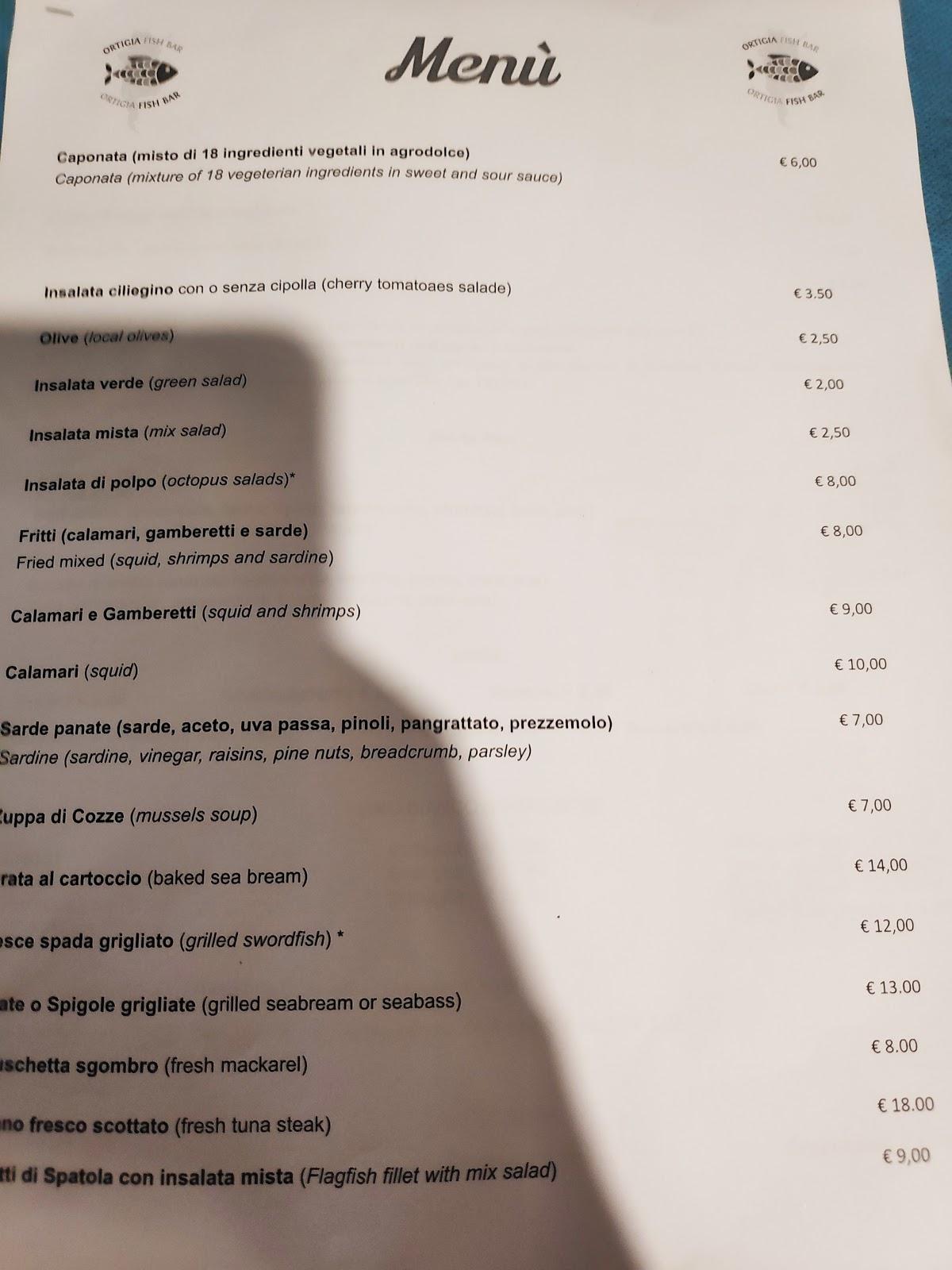 Menu at Ortigia Fish Bar, Syracuse, Via Nizza