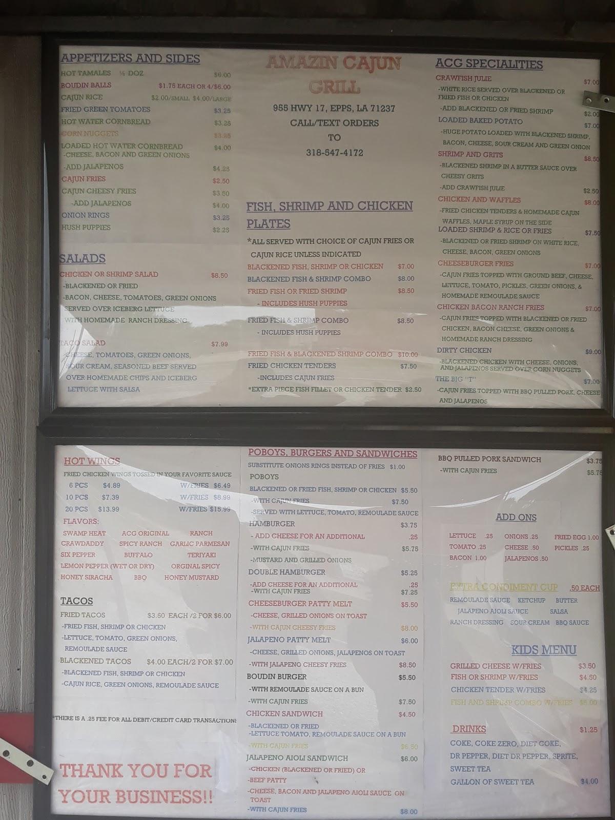Menu at Amazin Cajun Grill restaurant, Epps, 955 LA17