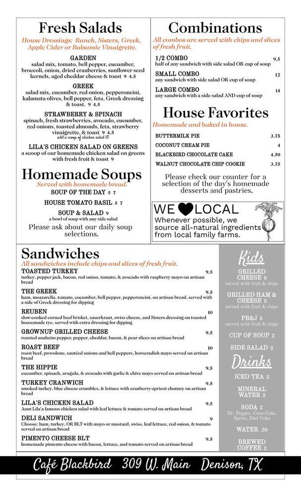 Menu at Cafe Blackbird, Denison