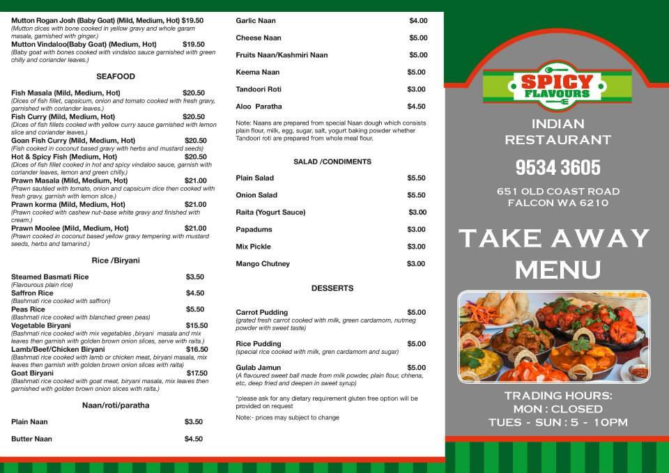 Menu at Spicy Flavours Indian Restaurant, Falcon