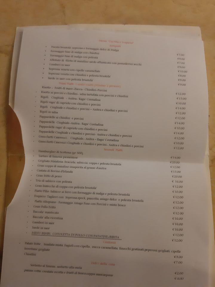Menu di Da Pilio e Frapiero 