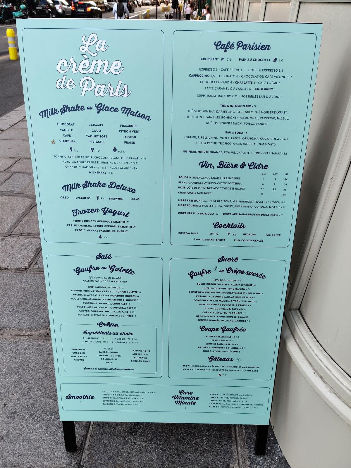 Menu at La Crème de Paris NotreDame restaurant, Paris, 1 Quai SaintMichel
