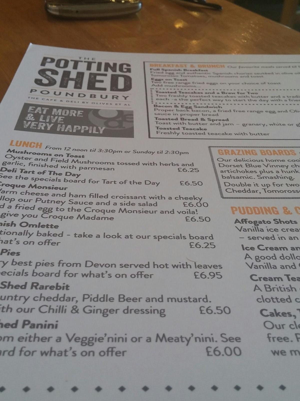Menu at The Potting Shed cafe, Dorchester, Poundbury Farm Way