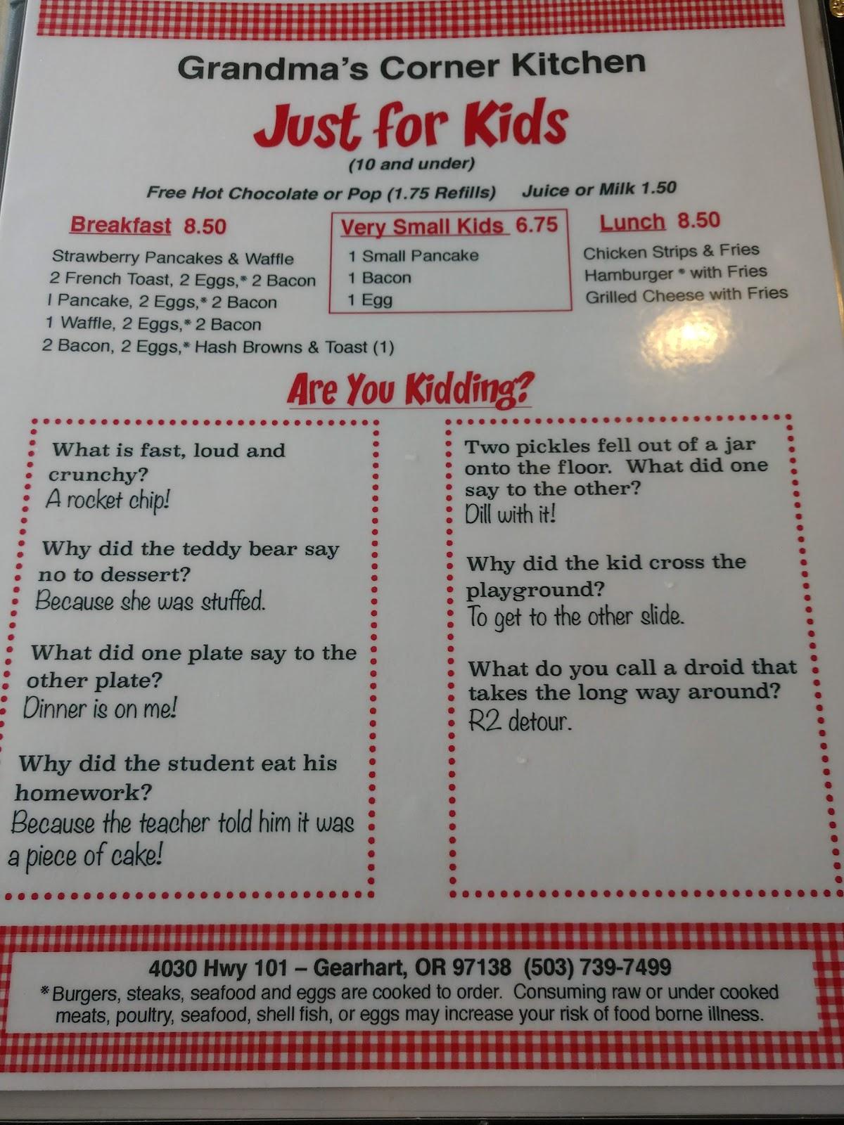 Menu at Grandma's Corner Restaurant, Gearhart