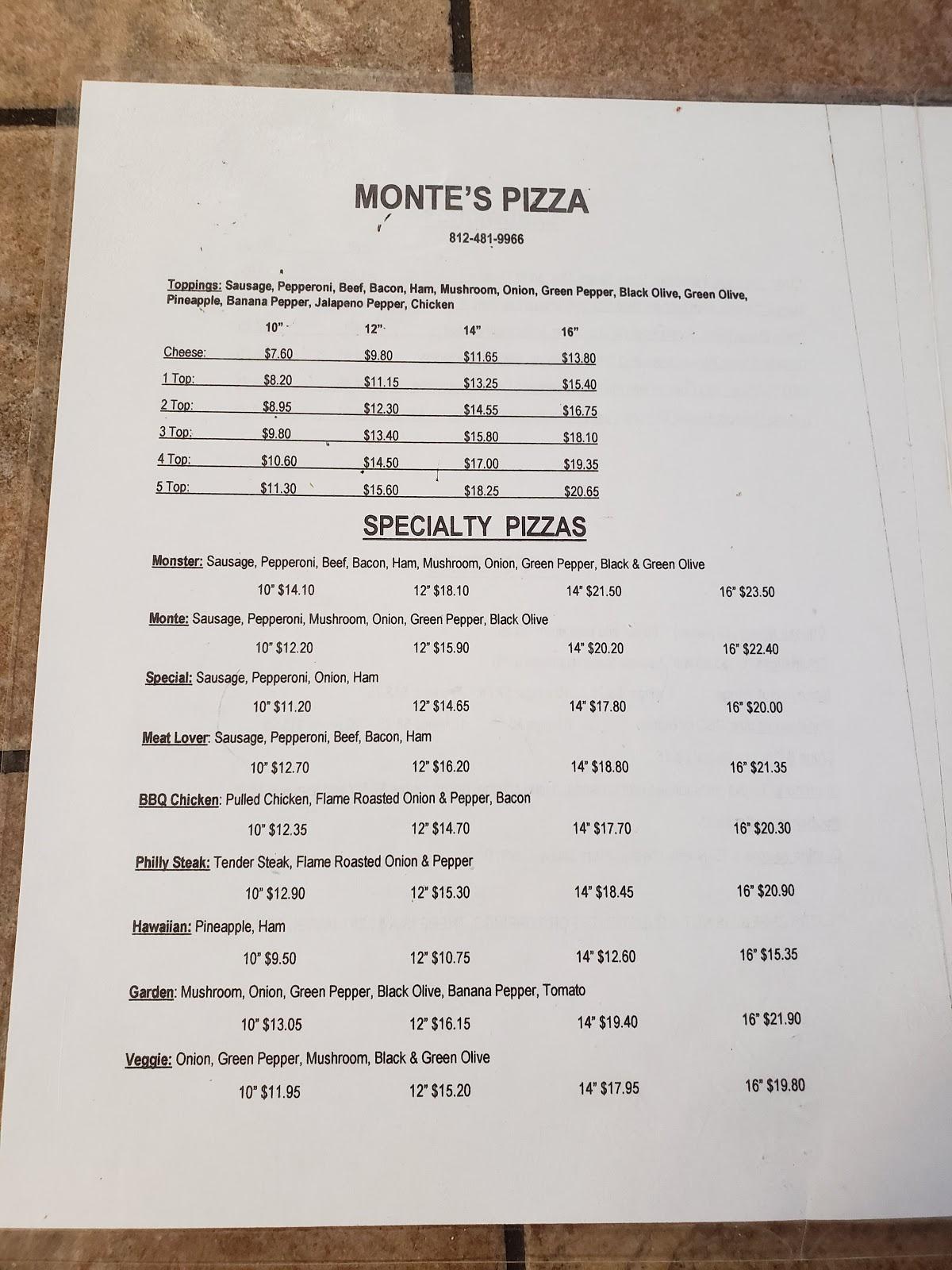 Menu at Monte's Pizza pizzeria, Jasper, IN56