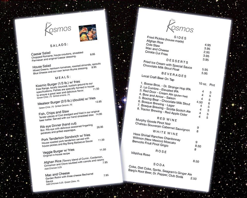 Menu at The Kosmos Restaurant, Albuquerque