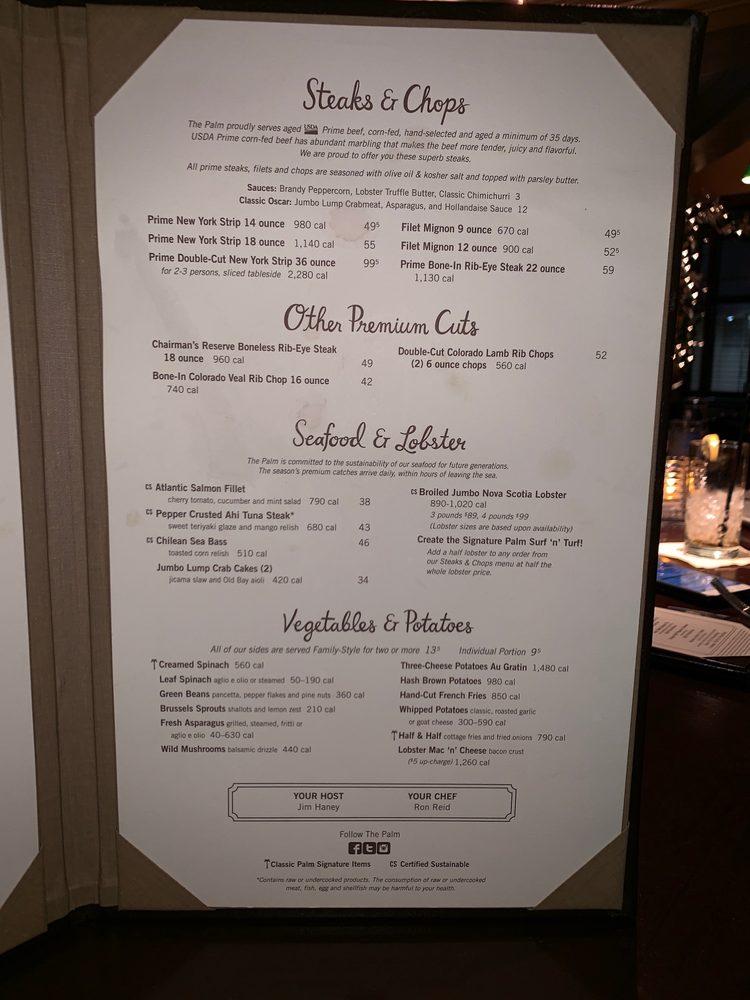 Menu at The Palm Atlantic City steakhouse, Atlantic City, Pacific Ave 102