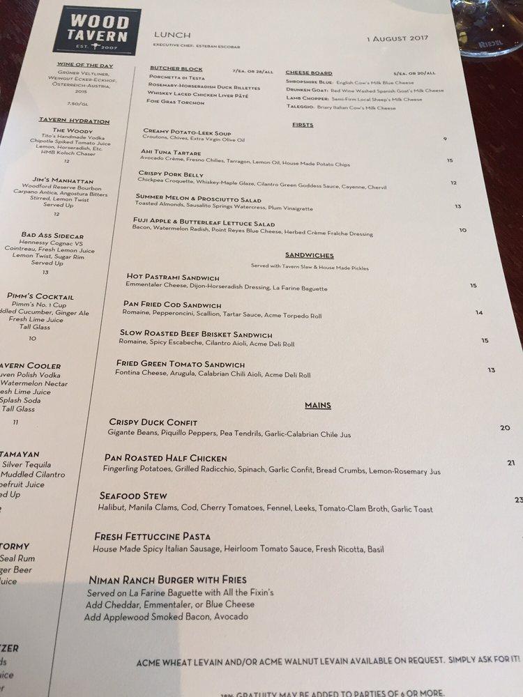 Menu at Wood Tavern restaurant, Oakland