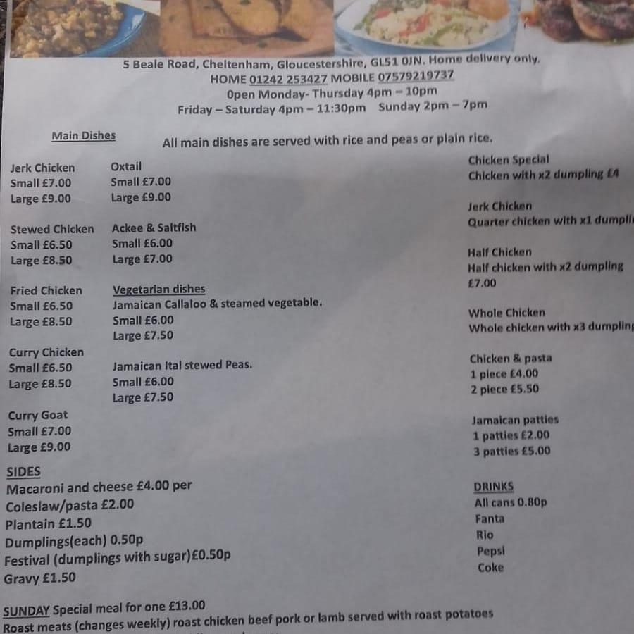 Menu at Cool runnings jamaican home delivery restaurant, Cheltenham