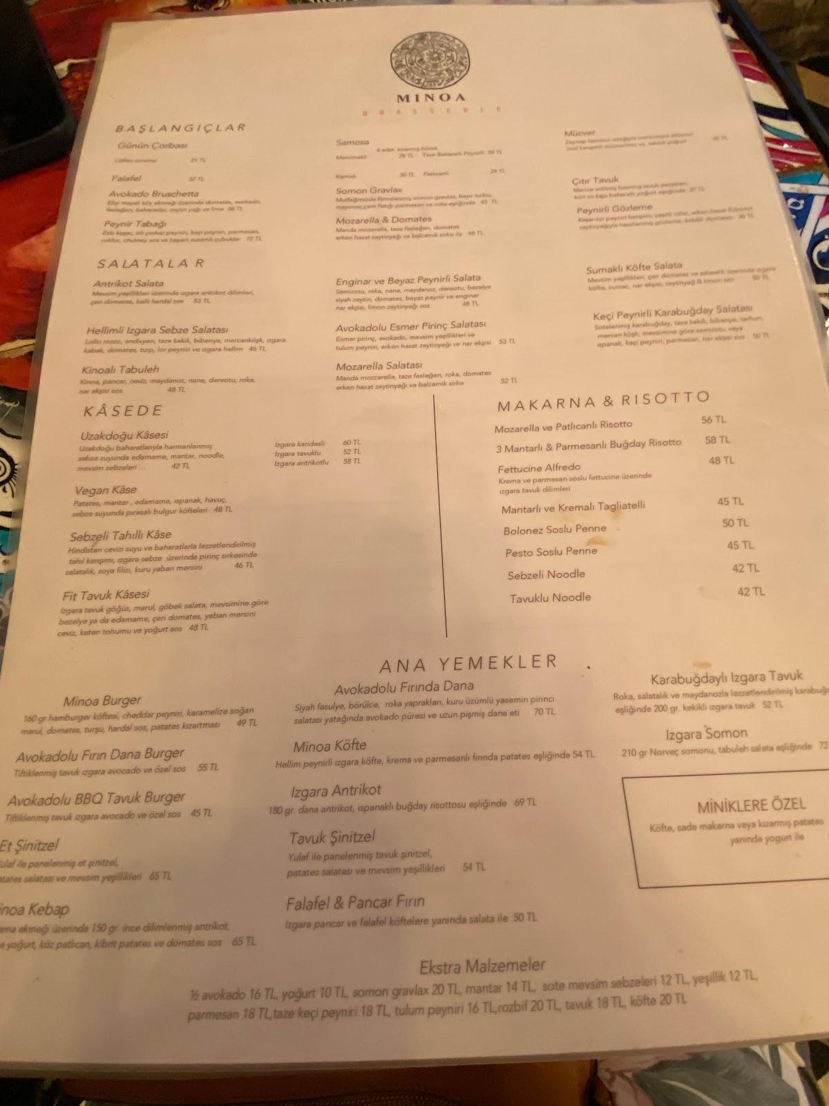 Menu at Minoa Akaretler, Istanbul