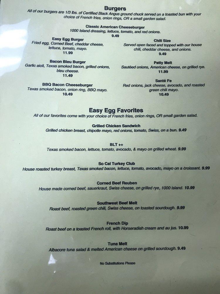 Menu at Easy Egg Cafe, Quartz Hill