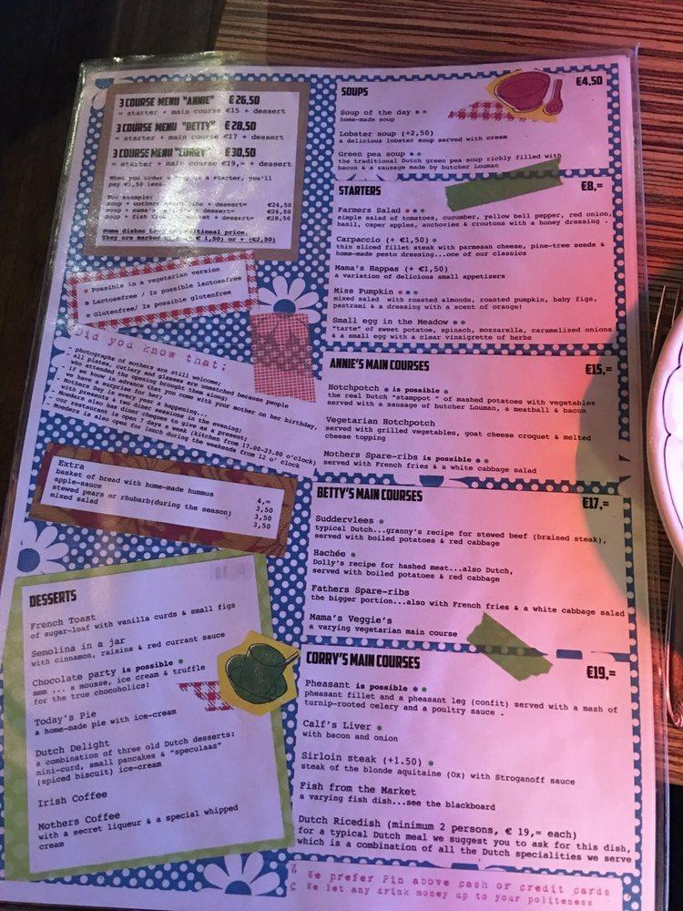 Menu at Moeders, Amsterdam, Rozengracht 251