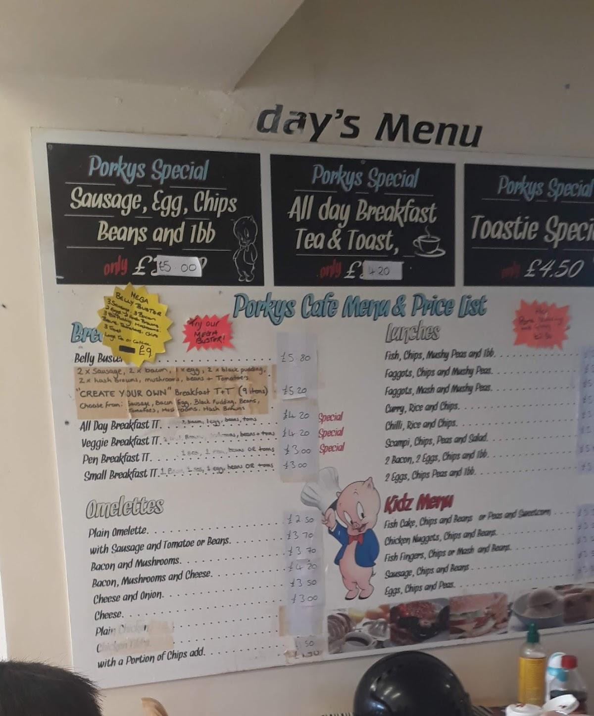 Menu at Porkys Cafe, Wednesbury