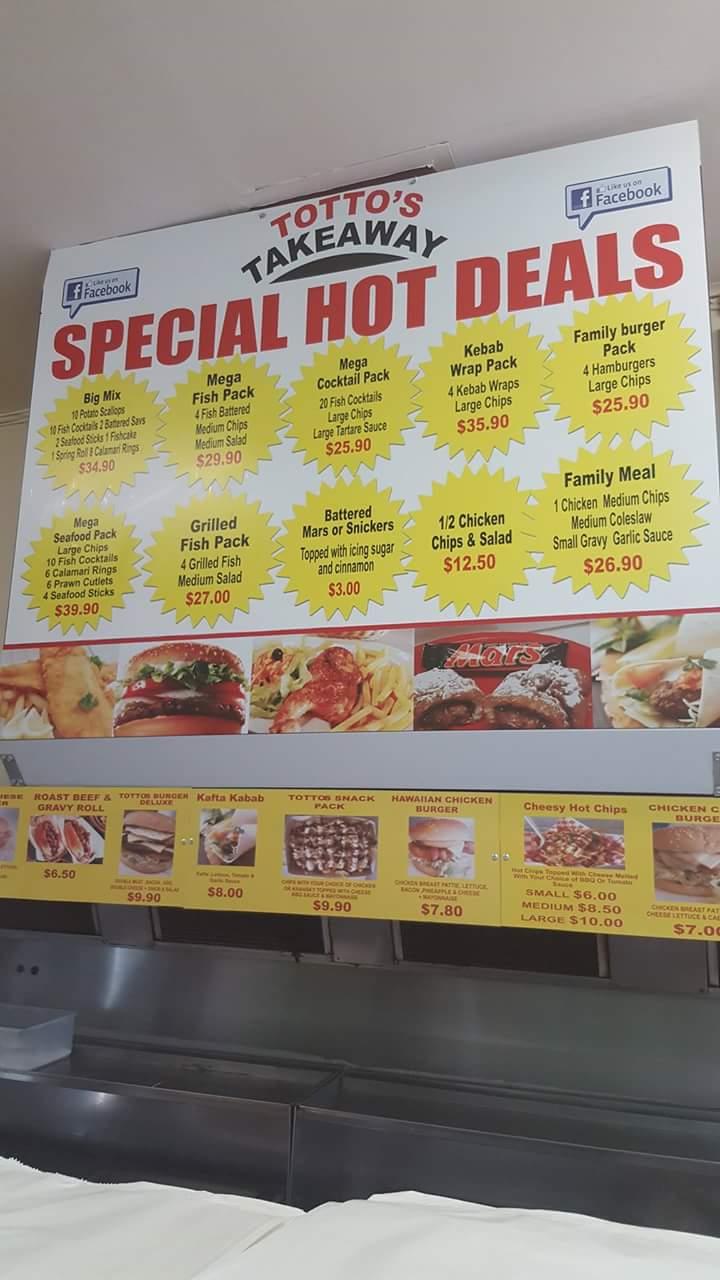 Menu at Totto's Take Away fast food, Campbelltown