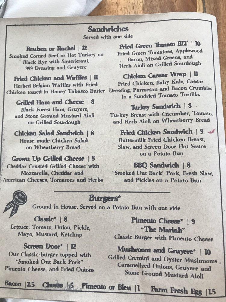 Menu at Screen Door Kitchen restaurant, Dayton