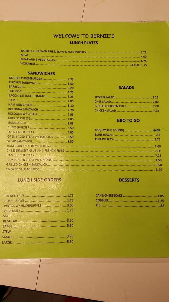 Menu at Bernie's BarBQue, Greensboro