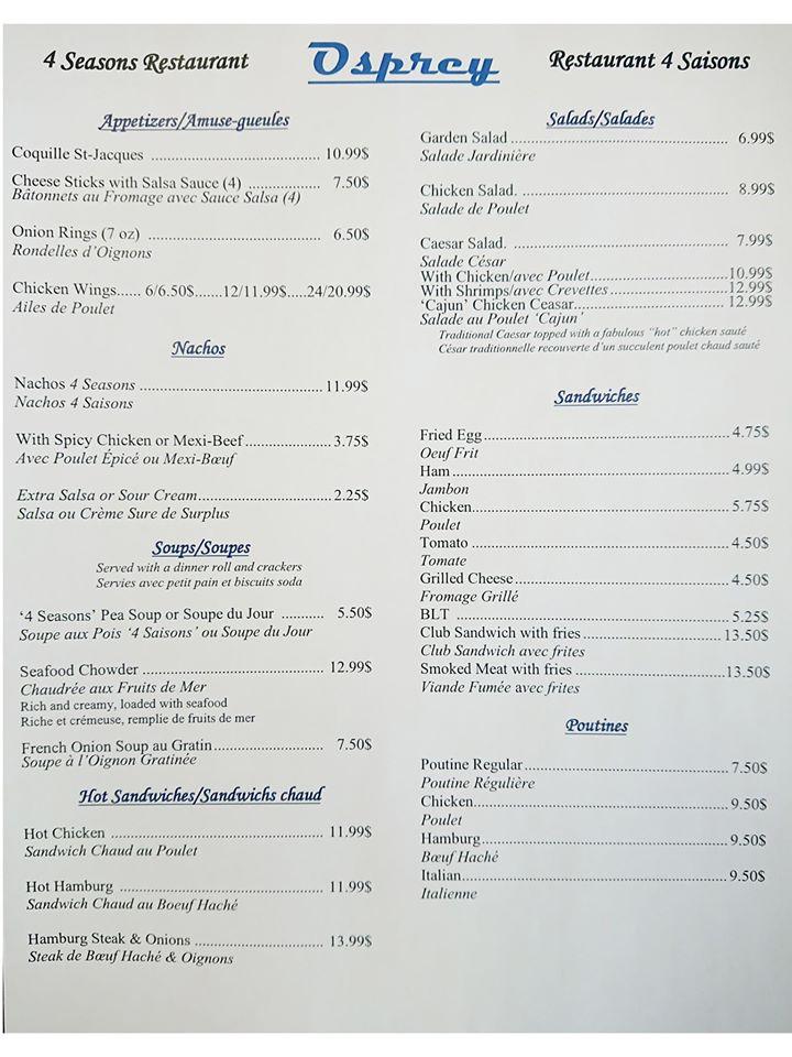 Menu at Osprey 4 Saisons restaurant, Dalhousie
