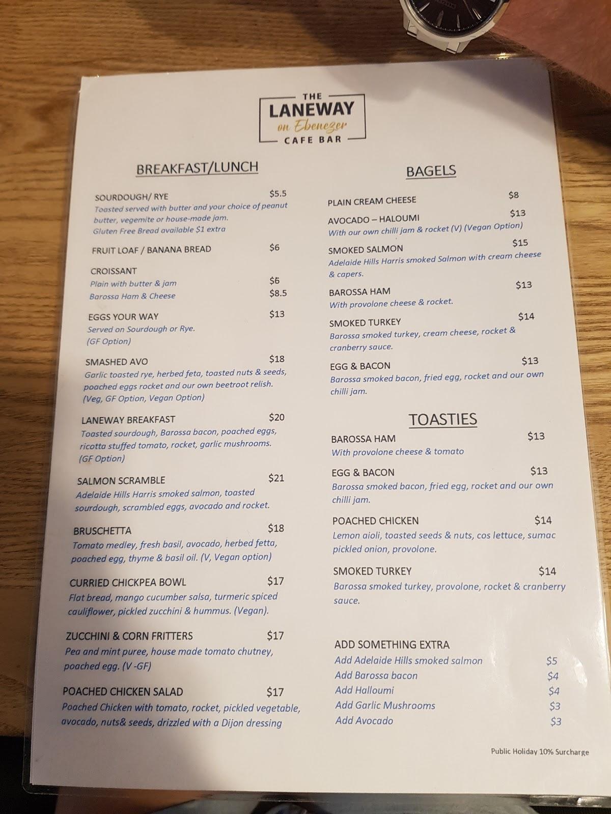 Menu at The Laneway On Ebenezer cafe, Adelaide